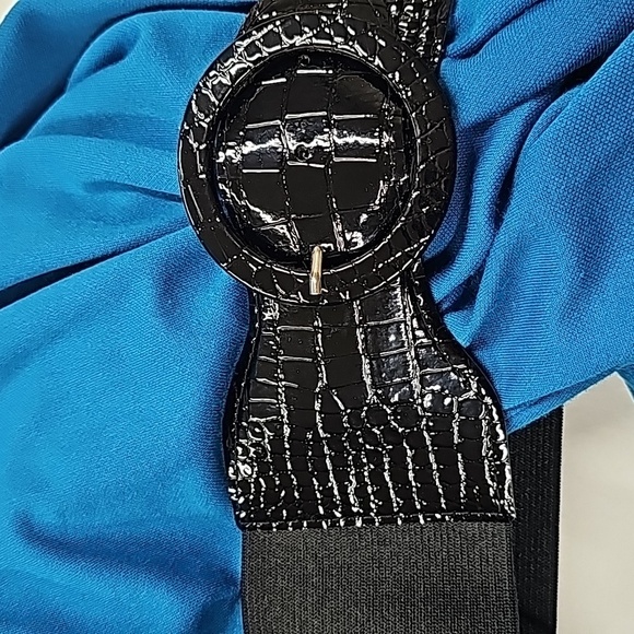 Vtg 80's Sabino Blue Belted Midi Dress, Knit, Ruched Mock Neck, Pockets, SZ 10, - Picture 13 of 13